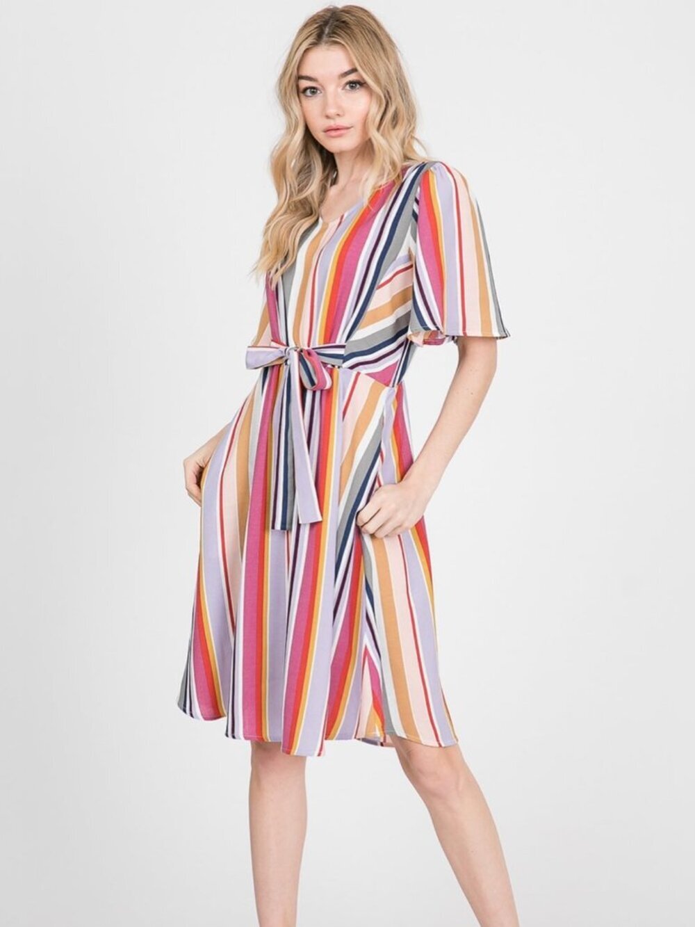 π Hailey & Co. Retro Striped Tied Midi Multi-Striped Dress with Pockets Medium - Picture 2 of 9